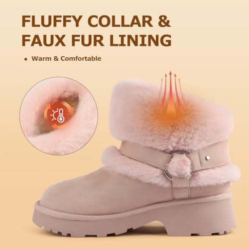 Furry Winter Boots for Women Block Heels Platform Buckle Slip On