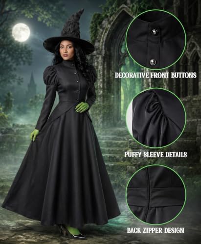 Witch Costume for Women Halloween Adult Black Witch Dress Set with Hat Green Gloves Tights for Costume Party Cosplay