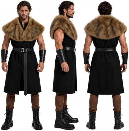 Adult Viking Costume for Men with Renaissance Tunic and Faux Fur Shawl