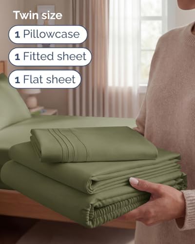 Twin Size 3 Piece Sheet Set - Breathable & Cooling Sheets - Sage Green
