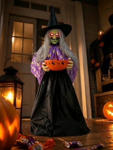 Halloween Witch Animatronic with Candy Bowl, Moving Head & Mouth, Sound