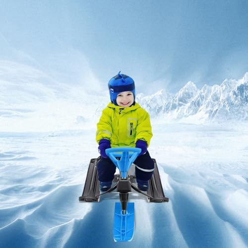 Kids Snow Sled with Steering Wheel & Seat, 220 lbs Capacity Winter Snow Skis for Children Ages 3-15, Kart Style Ski Sled for Snow Sand & Ice, Heavy Duty Steel Frame All-Terrain Sled for Adults