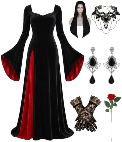 Aileam Morticia Addams Costume Halloween Morticia Addams Dress Gothic Witch Costume Women Velvet Black Outfit Cosplay Party