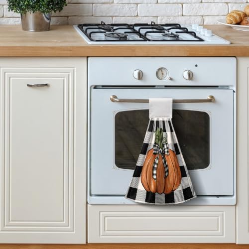 Pumpkin Plaid Bow Kitchen Hanging Towel Set of 2 Black White Buffalo Check Maple Leaves Hand Towels with Hanging Loops Thanksgiving Oven Stove Dish Washcloth Soft Absorbent Bath Tie Towel