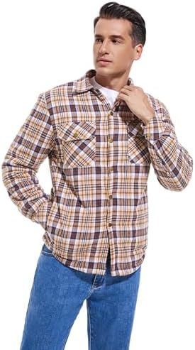 Men's Sherpa Cotton Flannel Shirt Jacket Plaid Button Coat Pocket