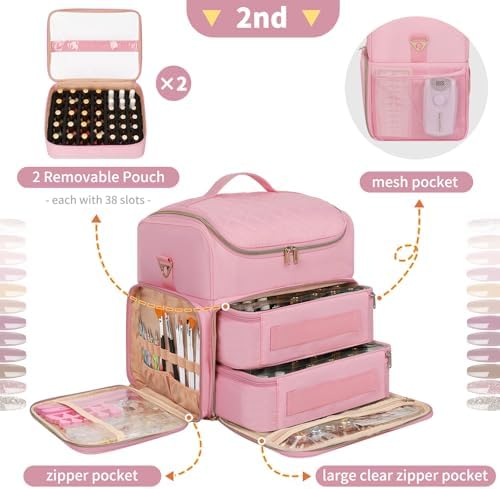 CUBETASTIC Extra Large Nail Polish Organizer Case Holds 86 to 100+ Bottles & Nail Lamp, Nail Supplies Storage Bag with 2 Removable Pouches, Nail Art Travel Box