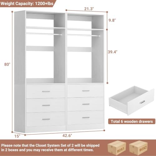 Besiost Closet Systems with 6 Wood Drawers, Closet System Set of 2