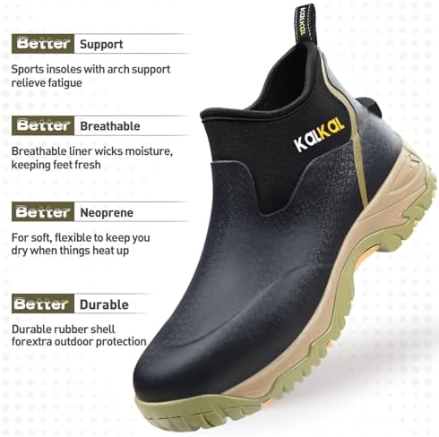 Kalkal Men's Rubber Boots, Waterproof Ankle Rain Boots, Insulated Working Booties with Comfortable Sports Sole, Outdoor Mud Boots for Yard Chore