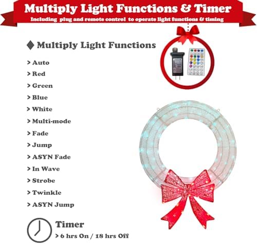 Lighted Wreath Christmas Outdoor Decorations, 24in Small Christmas Outdoor Lights Wreaths 110 Multi-Color Changing Lights, Prelit Wreath with Plug-in for Front Door, Window, Garage-White