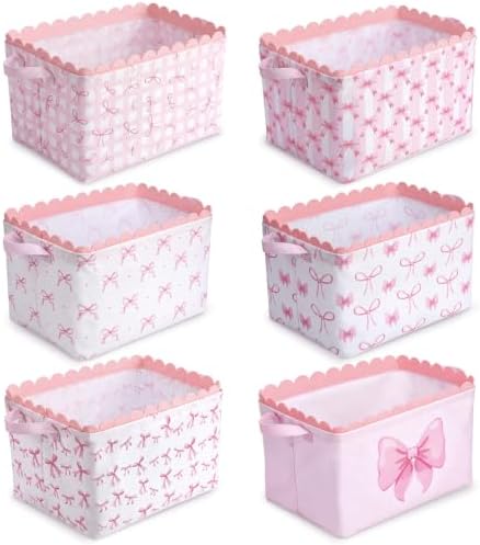 CHENGU 6 Pcs Pink Bow Storage Basket Collapsible Scalloped Storage Bin