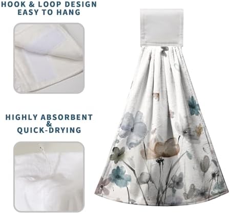 Watercolor Floral Hanging Kitchen Towels Set of 2 Spring Summer Grey Flowers Hand Towel with Hanging Loop Wildflower Daisy Dish Towel Soft Absorbent Bath Tie Towel for Bathroom Farmhouse