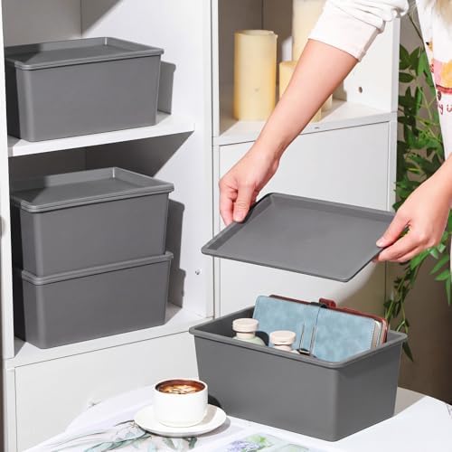 Menkxi 4 Pcs Storage Bins with Lids, Gray, Small