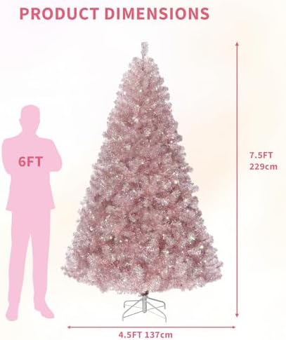 GarveeHome 7.5 ft Prelit Artificial Christmas Tree with 450 Warm White Lights, Pre-Lit Snow Flocked Pencil Christmas Tree, Foldable Base,Holiday Decoration for Home, Office, Party,Rose Gold Tinsel