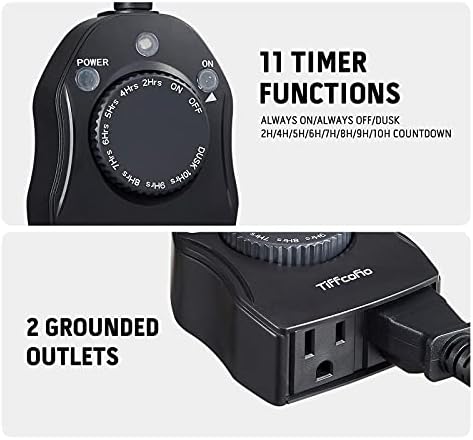 TiFFCOFiO Outdoor Timer Outlet, Dusk to Dawn Light Sensor Timer Weatherproof, 2 Grounded Outlets for Halloween and Christmas Lights, 15A 1/2HP, ETL Listed