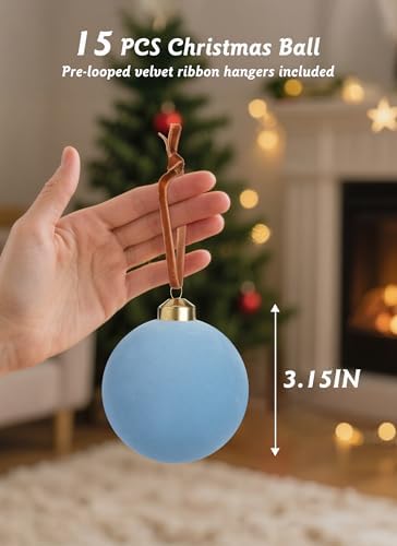 Brightown 15 Pcs Light Blue Velvet Christmas Balls, 3.15 Inch Velvet Ornaments for Christmas Tree, Christma Tree Flocked Ornaments Balls for Family Holiday Wedding Party Xmas Hanging Decoration