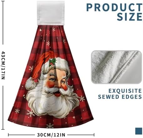 Santa Claus Christmas Hanging Hand Towels Set of 2 Red Black Buffalo Plaid Xmas Kitchen Towels with Hanging Loop Winter Holiday Oven Stove Dish Cloth Soft Absorbent Bath Tie Towel for Bathroom Decor