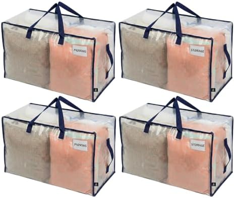 VENO 4 Pack Clear Extra Large Moving Bags & Storage Totes, Heavy Duty Organizer with Reinforced Handles & Strong Zippers for Clothes, College Dorm Essentials, Moving Supplies