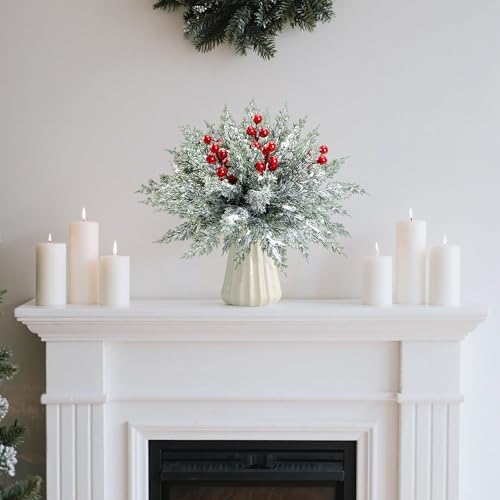 45 Pcs Artificial Christmas Snow Pine Branches Red Berry Stems Faux Sprig