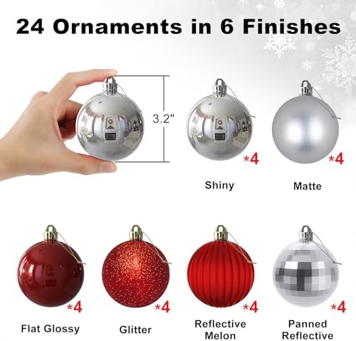 Silver & Red 3.2" Large Christmas Balls - Christmas Tree Decoration Ornaments Shatterproof Hanging Balls for Birthday Halloween Holiday Wedding Decorations Set of 24pcs