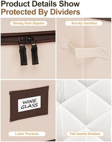 punemi Wine Glass Storage Box, 2-Pack Hard Shell Case with Padded Dividers