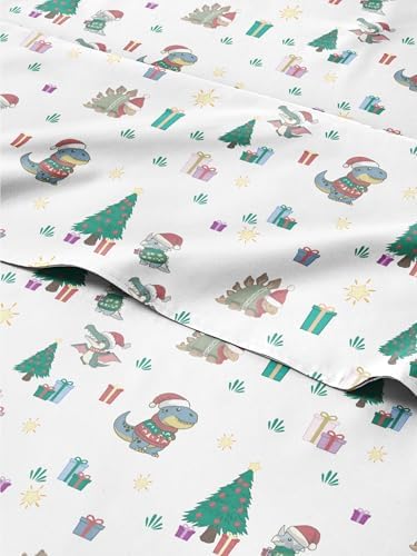 Christmas Sheet Set, Christmas Dinos, Holiday Xmas Bedding Set - Queen Size