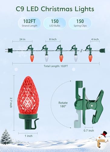 C9 Christmas Lights Outdoor, 102FT 150 LED String Lights with Spring Clips