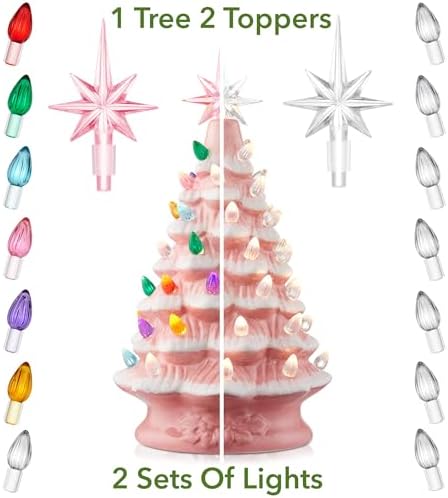 Casafield Hand Painted Ceramic Christmas Tree, Pink Snow Flocked 12-Inch Pre-Lit Tree with 100 Multi Color Lights and 2 Star Toppers
