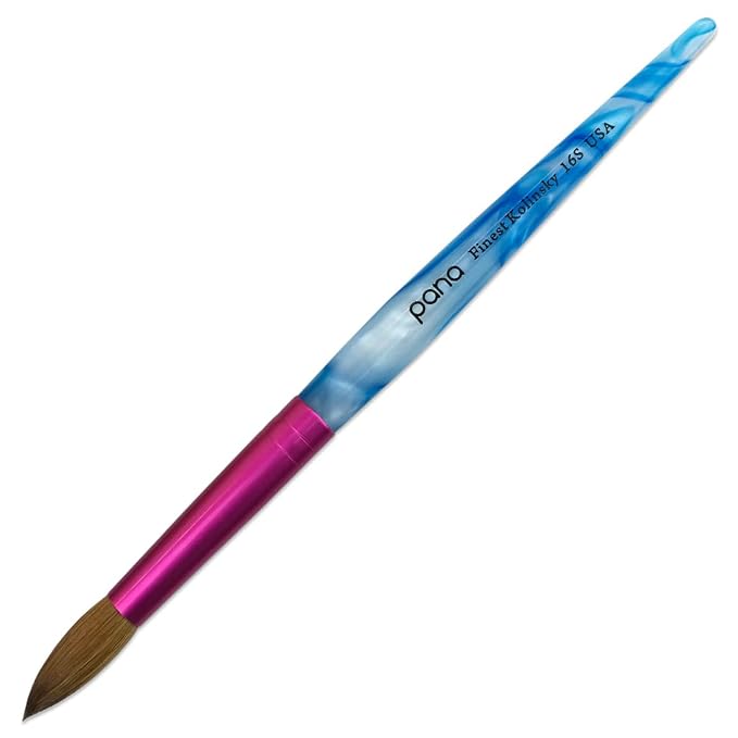 PANA Pure Kolinsky Hair Acrylic Nail Brush - Round Shape Pink Ferrule with White Swirl Blue Handle (Size 16)
