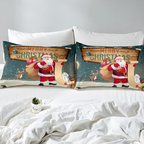 Castle Fairy Merry Christmas Bed Sheets Kids Boys Cartoon Santa Claus Sheet Set 3 Pcs Child Cartoon Elk and Snowman Sheets Set + Deep Pocket Fitted Sheets Flat Sheet 1 Pillow Sham,Twin Size