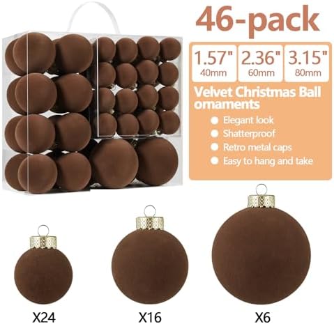 Brown Velvet Christmas Ball Ornaments-46pcs Flocked Xmas Tree Decorations