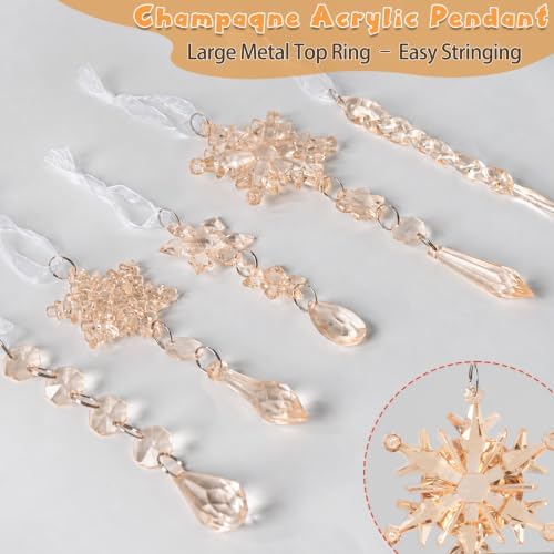 GuassLee 36pcs Crystal Christmas Tree Ornaments - Champagne Color Acrylic Snowflake Icicle Drop Crystal Hanging Ornaments for Christmas Tree Wonderland Frozen Themed Birthday Party Decor