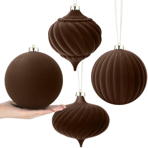 Civaner 4 Pcs Velvet Christmas Ball Ornaments,6 Inch,Brown