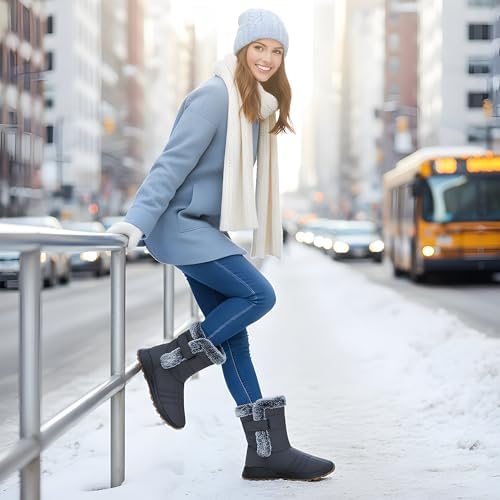 Winter Snow Boots for Women 2026: All-day Comfort Warm Fur Lined Mid Calf Hook Loop Waterproof Outdoor Shoes for Walking