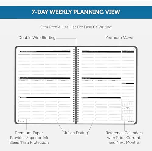 Planner Pad Spiral Bound January-December 2026/ Calendar Year 8 1/2" x 11" Large 3-Tier Funnel Down 12 Month Organizer, Black Cover/Black Ink