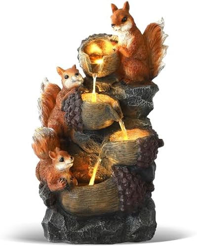 Grepatio Outdoor 4-Tiers Cascading Water Fountain, Waterfall Fountain with 4 LED Lights, Outdoor Fountains and Waterfalls for Garden or Patio, Yard, Deck, Decor with 3 Squirrel Look