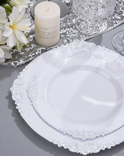 Nervure 700Pcs Silver Plastic Plates, Plastic Dinnerware Set for 100 Guests