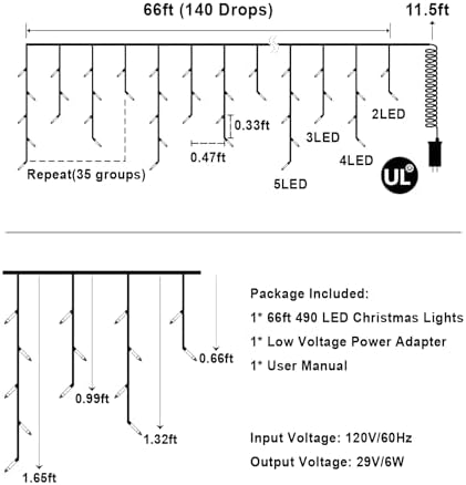 66ft LED Christmas Lights Outdoor with 140 Drops, Christmas Decorations Hanging Lights 490 LED 8 Lighting Modes, Outsite Fairy String Lights for House Xmas Wedding Party Holiday Decoration Warm White