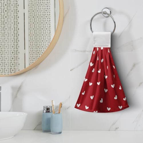 Valentine's Day Kitchen Hanging Towels Red Love Hearts Hand Tie Towels Set of 2 Valentines Dish Drying Towels with Hanging Loop Soft Absorbent Fingertip Bath Towel for Anniversary Wedding Home Decor