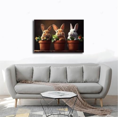 JDBeehpy Three Rabbits in Flowerpot Canvas Painting Prints Framed 24x36in