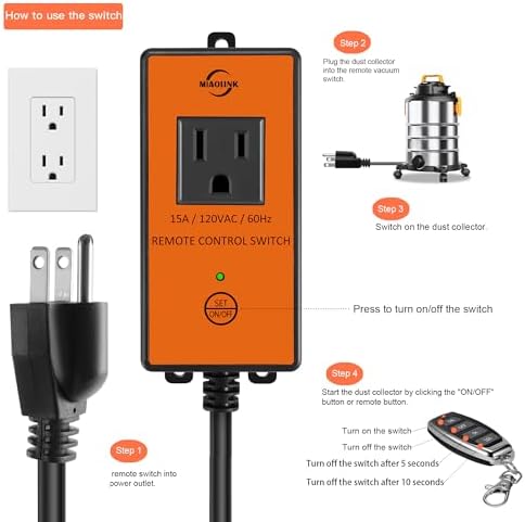 120v Automatic Remote Vacuum Switch, Wireless Dust Collector Starter Outlet for Power Tools, 5s/10s Delay Off Switch(Battery Included)