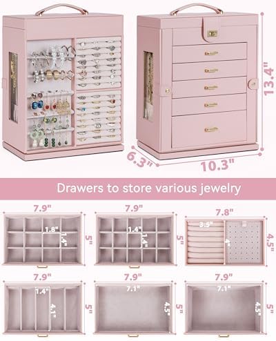 AKOZLIN 6-Tier Jewelry Box Organizer 5 Drawers Storage XXL Pink