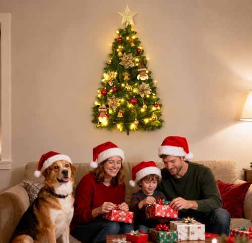 3 FT Wall Christmas Tree, Dark Green Half Christmas Tree Wall Hanging, DIY 1/2 Chrismas Tree for Window with Lights, Ornaments and Hooks, Hainging Xmas Tree for Door, Pet Owners Xmas Decor