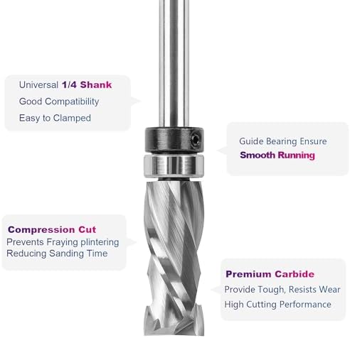 SpeTool Carbide Compression Top Bearing Flush Trim Router Bit 1/4" Shank 1/2" Cutting Diameter Extra Long Spiral Pattern Template Router Bit for Woodworking Edge Trimming