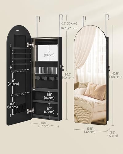 SONGMICS Wide Jewelry Organizer, Wall/Door Mounted, LED Cabinet, Lockable