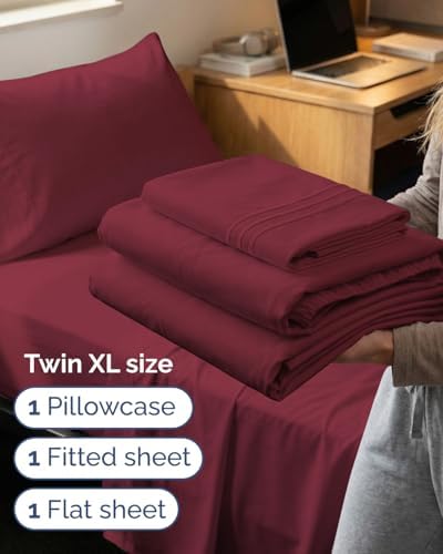 Twin XL Size 3 Piece Sheet Set - Breathable & Cooling Sheets - Burgundy