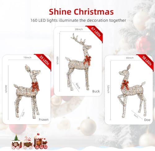 HOYECHI 5ft Light Up Reindeer Outdoor Christmas Decorations -3 Piece Rattan Deer Family Set with 160 Warm White LED Lights, Large Christmas Garden Decor for Lawn, Front Garden, Patio and Drivewa