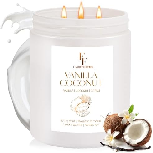 Vanilla Coconut Large Scented Candle, 3-Wick 22oz Long Lasting Scented Candle, Natural Soy Wax Aromatherapy Candle for Home, Candle Gifts for Women Men