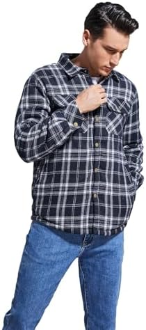 Men's Sherpa Cotton Flannel Shirt Jacket Plaid Button Coat Pocket