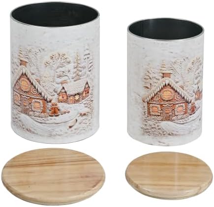 Christmas Canister Set of 2, Embossed Gingerbread House Metal Storage Jars with Wooden Lids, Winter Snow Village Decorative Cookie Tins for Candy Treats, Farmhouse Xmas Kitchen Countertop Home Decor