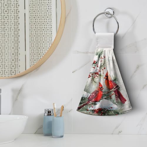 Winter Red Birds Kitchen Towels with Hanging Loop Cardinal Snow Pine Holly Christmas Hand Tie Towels Fast Drying Dish Washcloth Soft Absorbent Fingertip Bath Towel for Bathroom Decor Set of 2